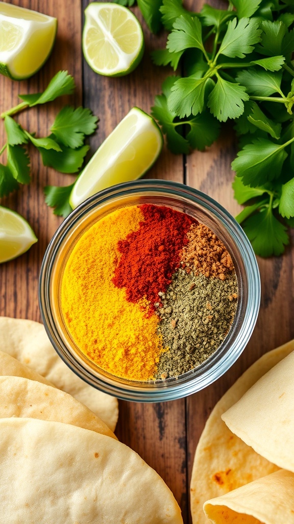 A bowl of homemade taco seasoning surrounded by fresh ingredients for tacos.